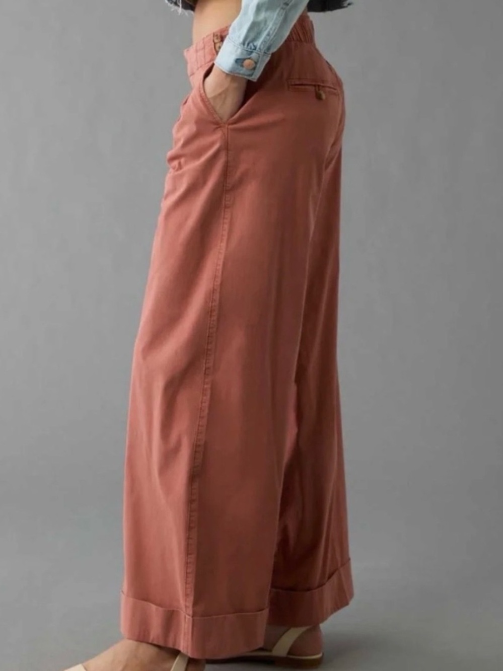 American Eagle Women 10 Terracotta Stretch Poplin Wide Leg Trouser Pants - Picture 2 of 14